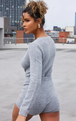 PrettyLittleThing Soft Knit Button Up Bodysuit Ash Grey