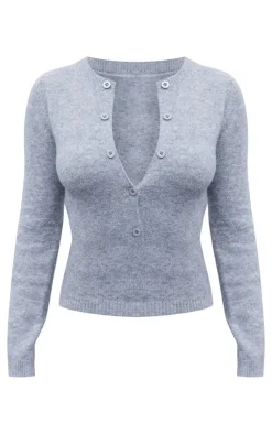 PrettyLittleThing Soft Knit Button Up Bodysuit Ash Grey