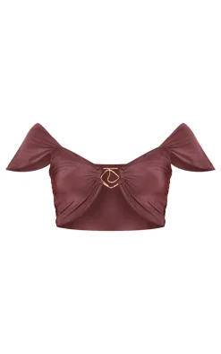 Clearance PrettyLittleThing Double Layer Slinky Trim Detail Capped Sleeve Crop Top Aubergine
