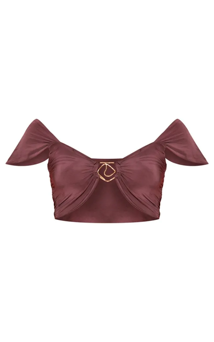Clearance PrettyLittleThing Double Layer Slinky Trim Detail Capped Sleeve Crop Top Aubergine