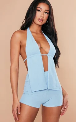 New PrettyLittleThing Crinkle Rib Halterneck Bralet Baby Blue