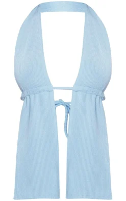 New PrettyLittleThing Crinkle Rib Halterneck Bralet Baby Blue
