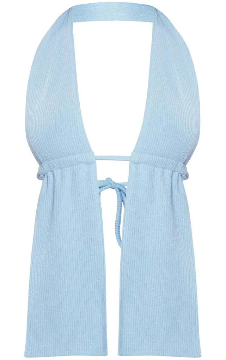 New PrettyLittleThing Crinkle Rib Halterneck Bralet Baby Blue