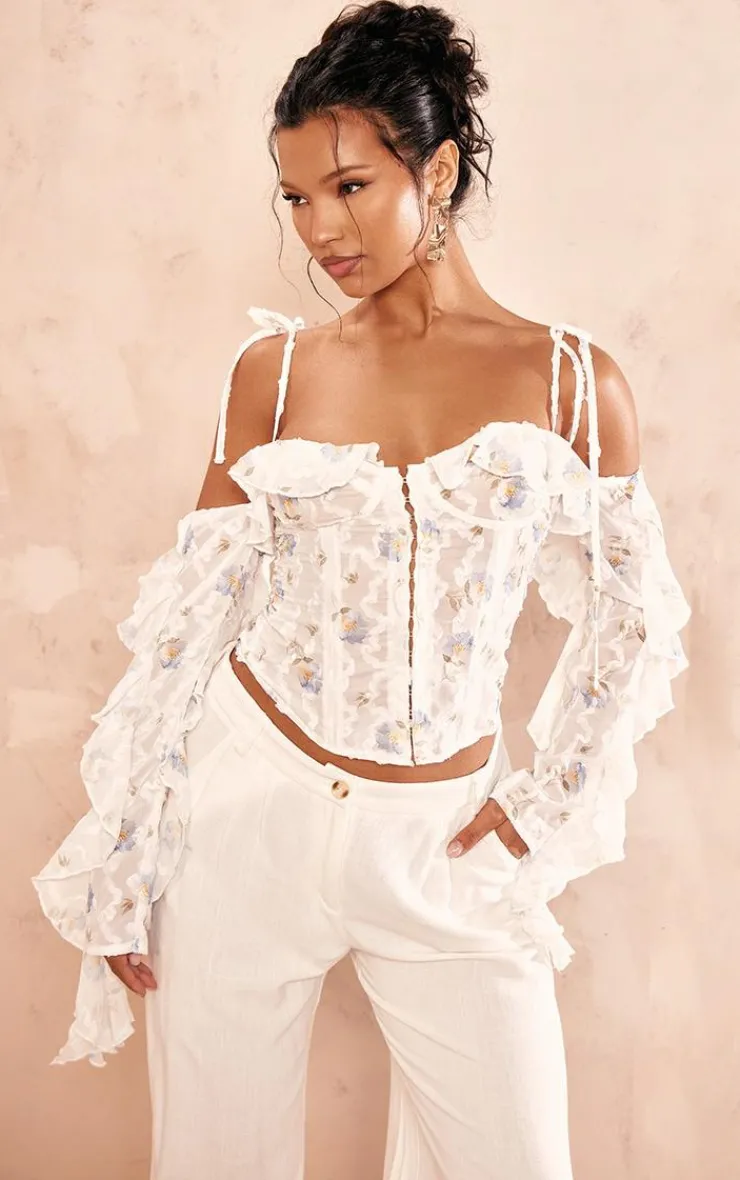 PrettyLittleThing Corsets*Floral Applique Ruffle Bardot Hook And Eye Top