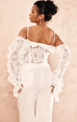 PrettyLittleThing Corsets*Floral Applique Ruffle Bardot Hook And Eye Top