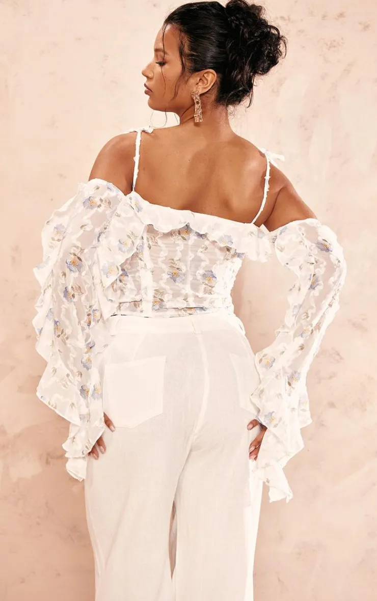 PrettyLittleThing Corsets*Floral Applique Ruffle Bardot Hook And Eye Top