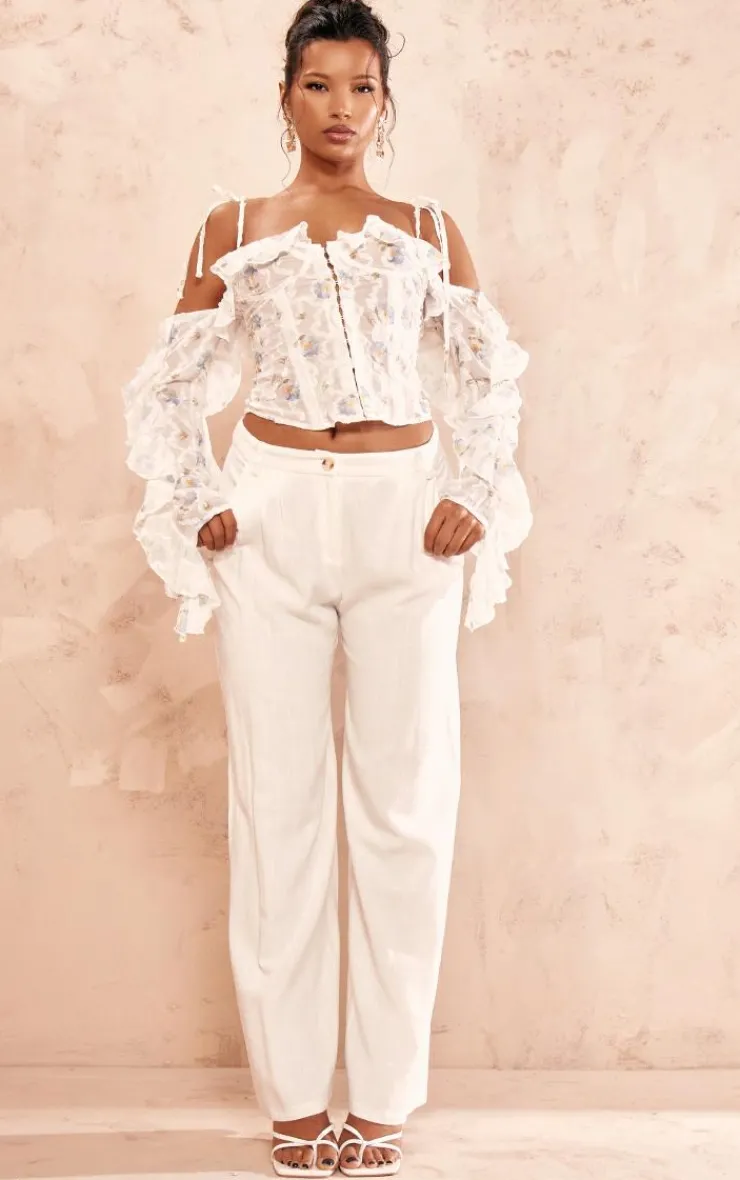 PrettyLittleThing Corsets*Floral Applique Ruffle Bardot Hook And Eye Top