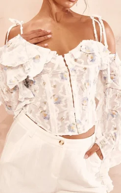 PrettyLittleThing Corsets*Floral Applique Ruffle Bardot Hook And Eye Top