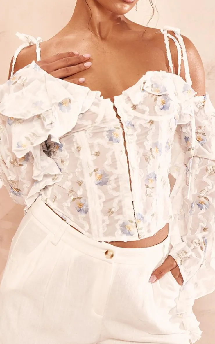 PrettyLittleThing Corsets*Floral Applique Ruffle Bardot Hook And Eye Top