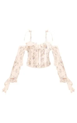 PrettyLittleThing Corsets*Floral Applique Ruffle Bardot Hook And Eye Top