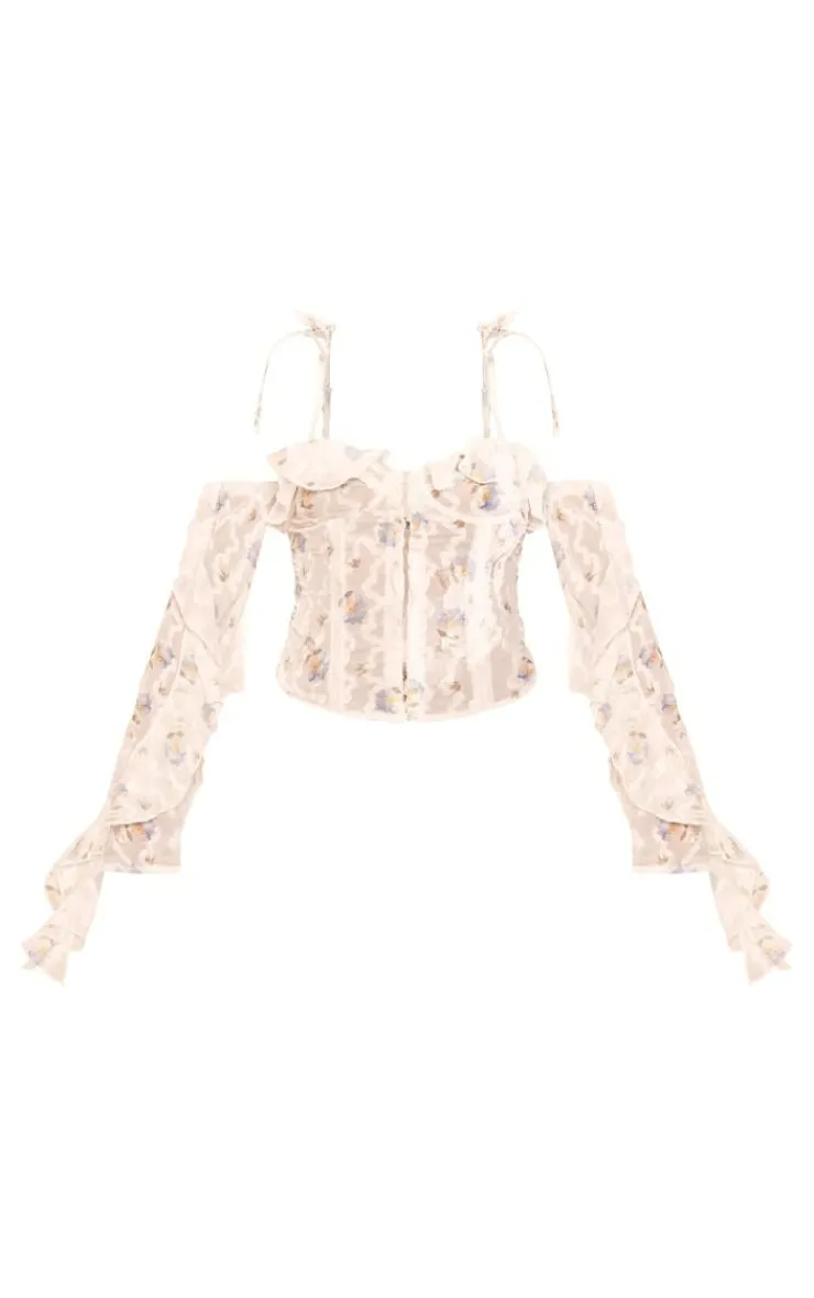 PrettyLittleThing Corsets*Floral Applique Ruffle Bardot Hook And Eye Top