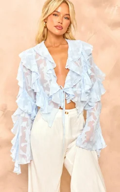 PrettyLittleThing Blouses*Floral Organza Ruffle Tie Crop Blouse