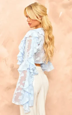 PrettyLittleThing Blouses*Floral Organza Ruffle Tie Crop Blouse