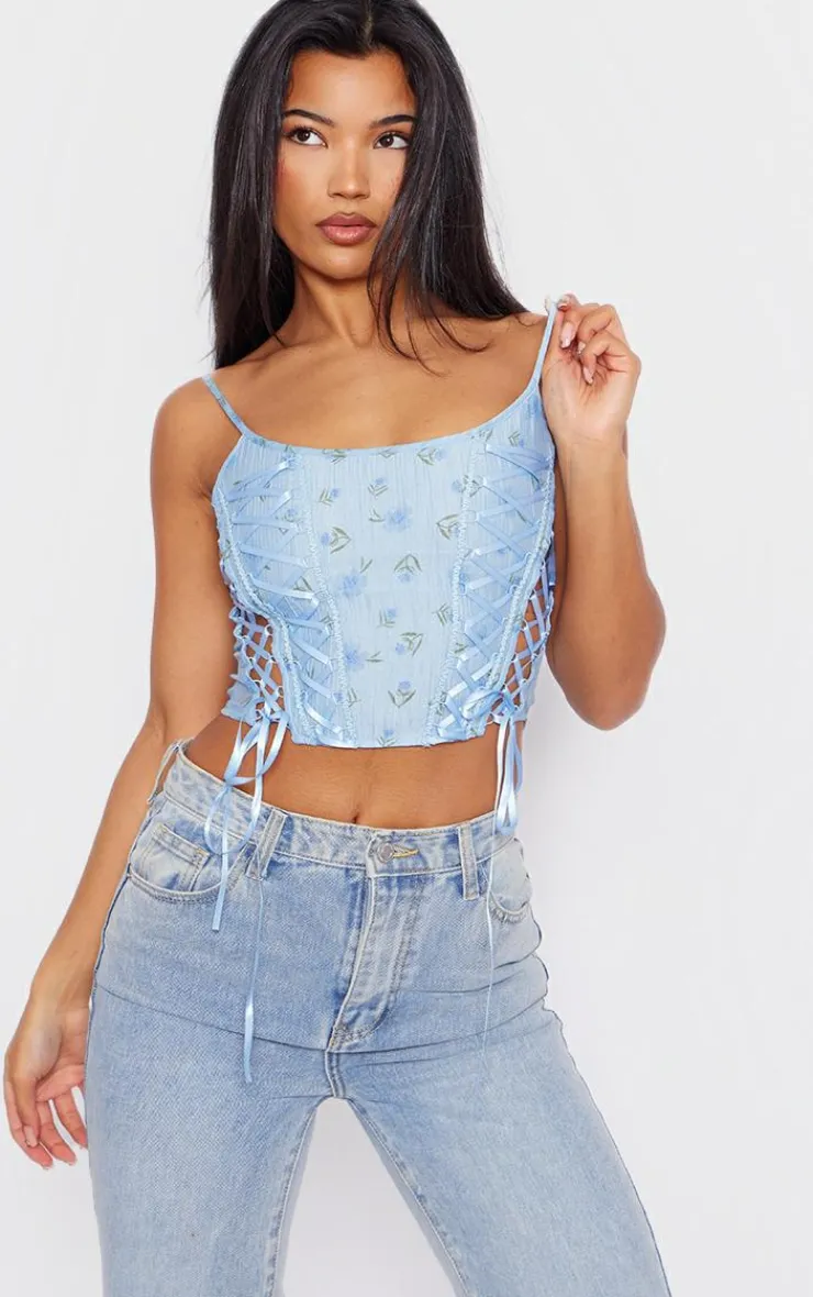 PrettyLittleThing Corsets*Floral Print Textured Satin Lace Up Corset
