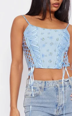 PrettyLittleThing Corsets*Floral Print Textured Satin Lace Up Corset