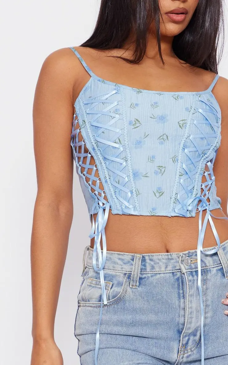 PrettyLittleThing Corsets*Floral Print Textured Satin Lace Up Corset