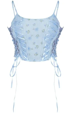 PrettyLittleThing Corsets*Floral Print Textured Satin Lace Up Corset