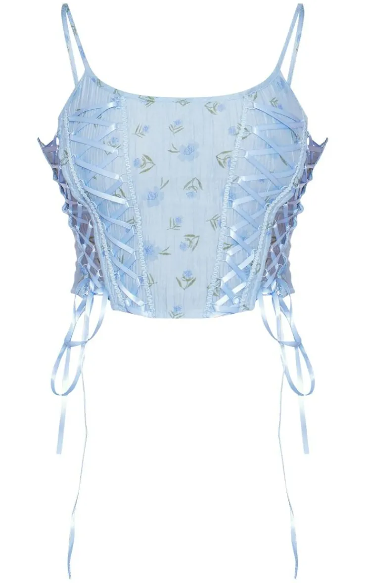 PrettyLittleThing Corsets*Floral Print Textured Satin Lace Up Corset