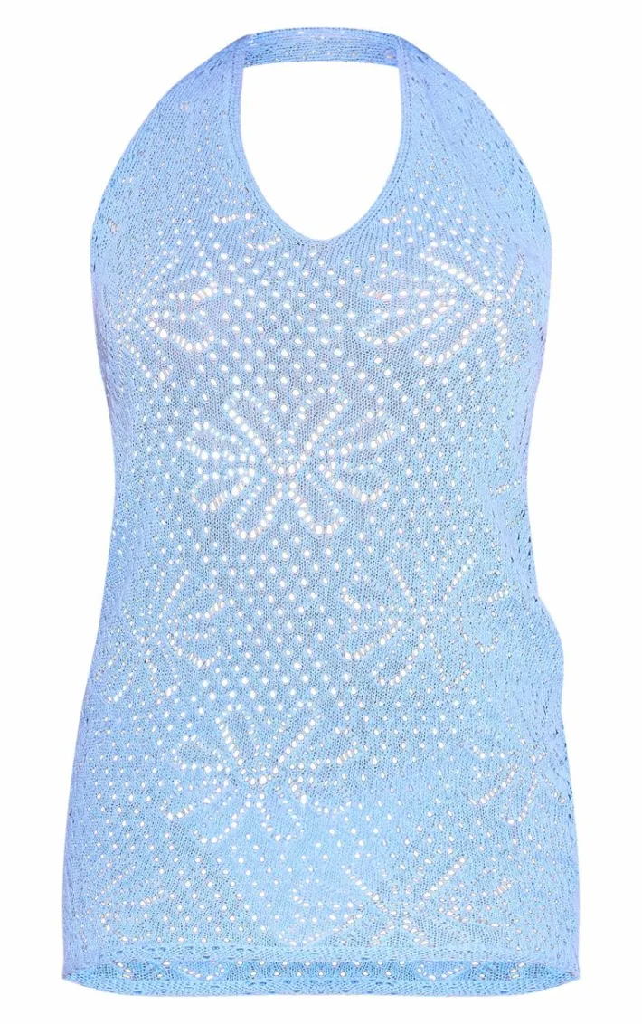 Baby Blue Flower Crochet Mini Beach Dress