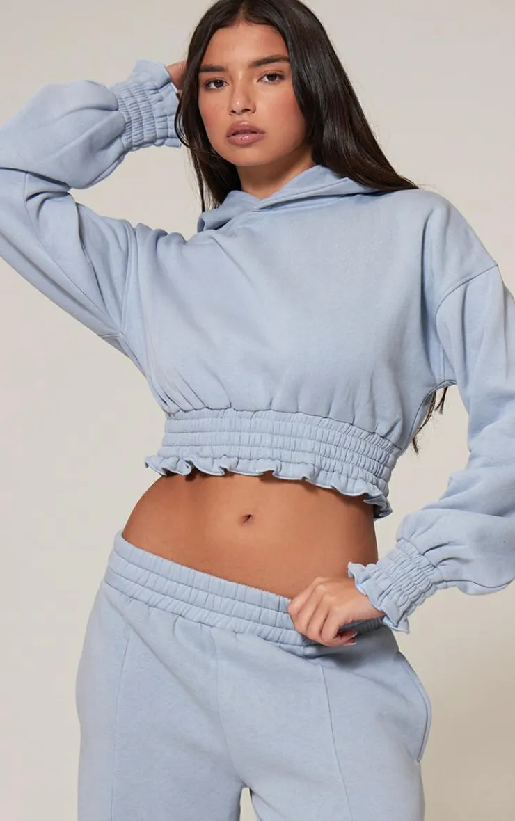 PrettyLittleThing Frill Hem Cropped Hoodie Baby Blue