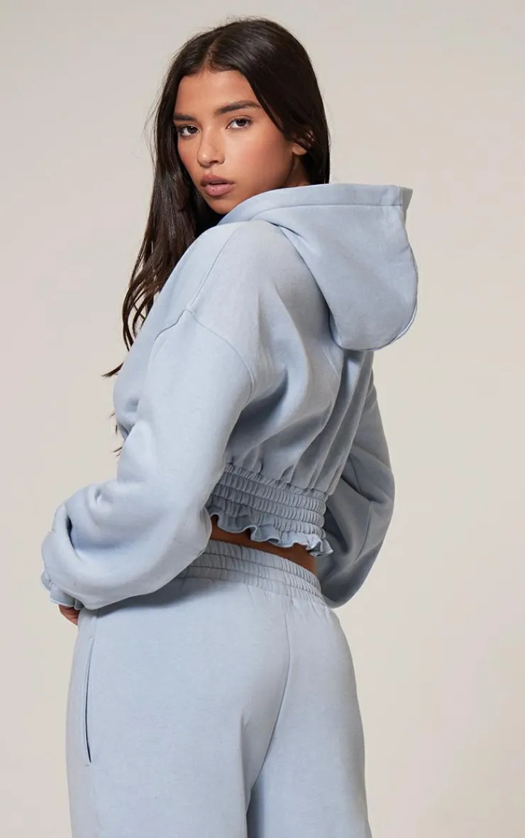PrettyLittleThing Frill Hem Cropped Hoodie Baby Blue