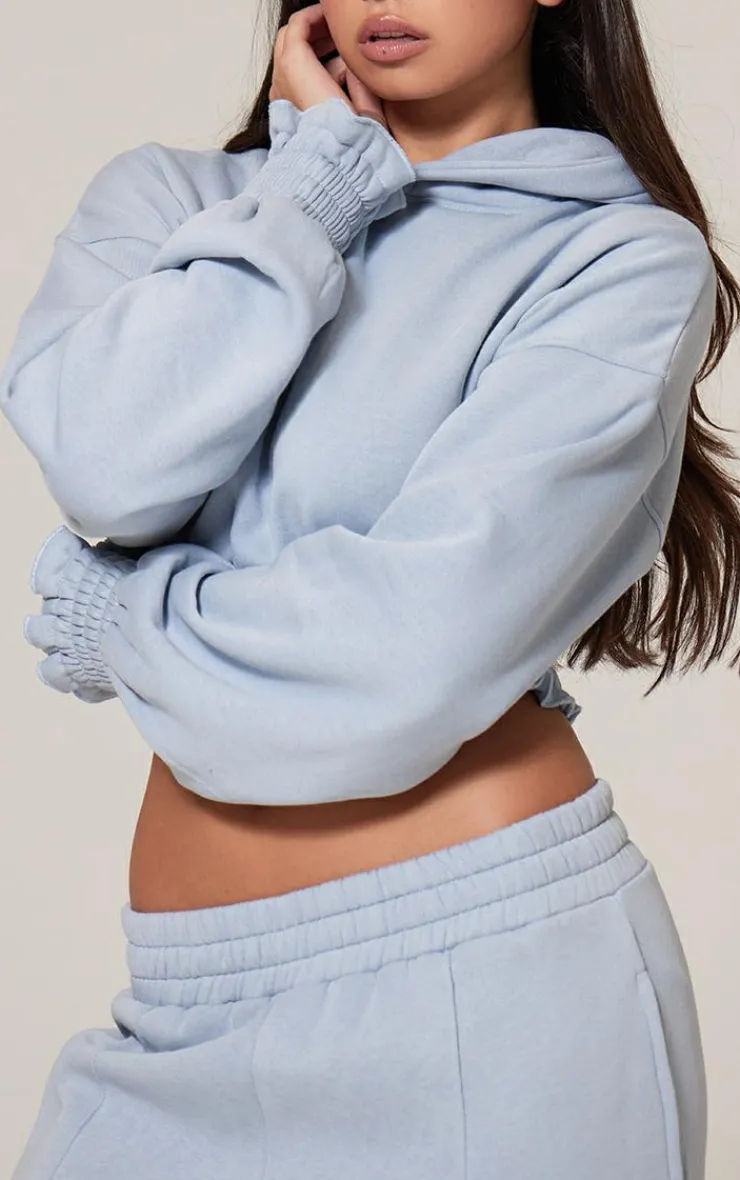 PrettyLittleThing Frill Hem Cropped Hoodie Baby Blue