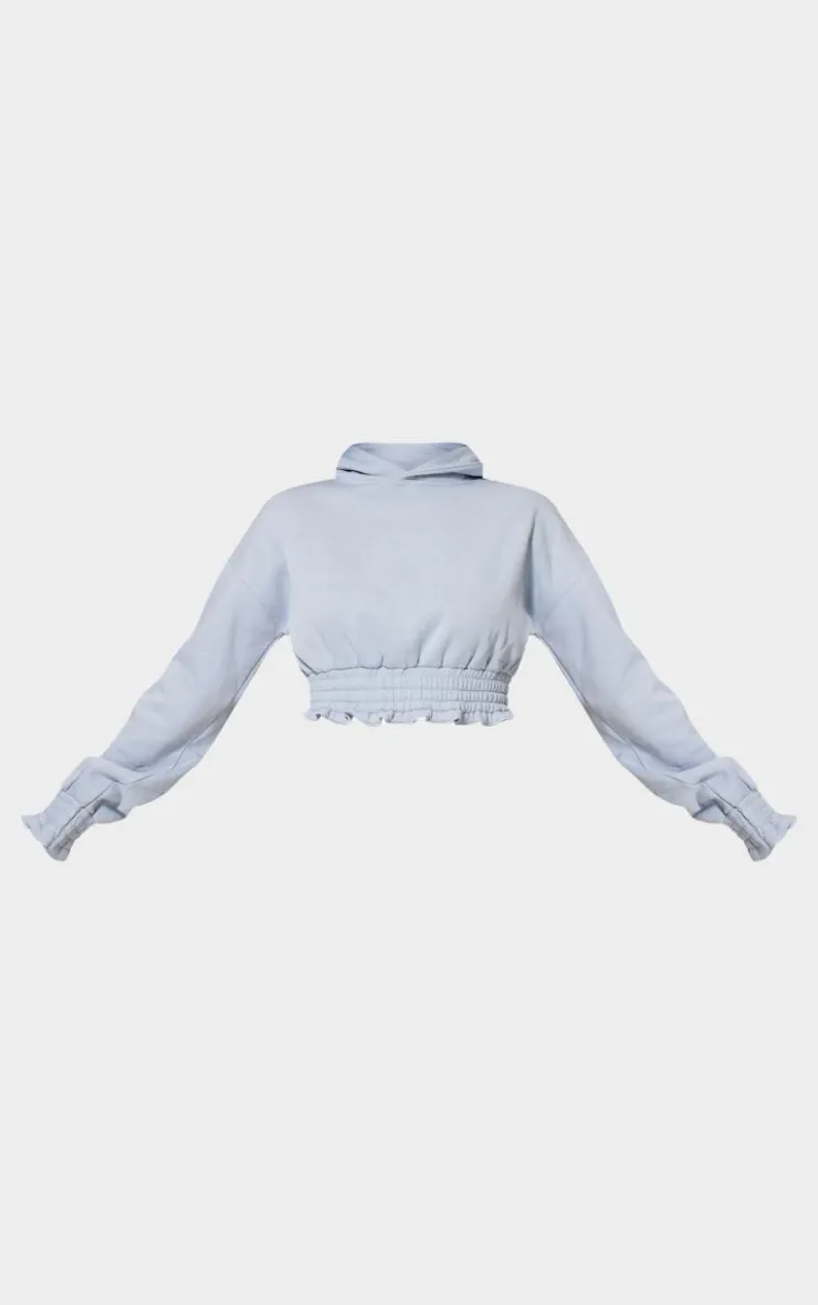 PrettyLittleThing Frill Hem Cropped Hoodie Baby Blue