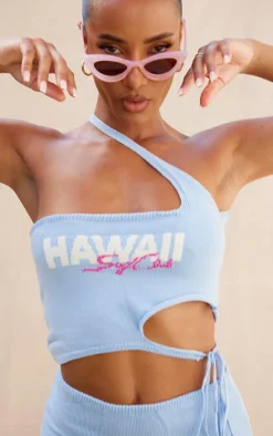Sale PrettyLittleThing Hawaii Soft Knit Cut Out Top Baby Blue