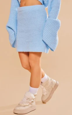 New PrettyLittleThing Knitted Brushed Mini Skirt Baby Blue