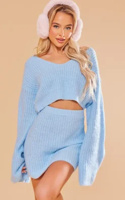 New PrettyLittleThing Knitted Brushed Mini Skirt Baby Blue