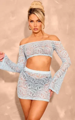Hot PrettyLittleThing Lace Long Sleeve Bardot Top Baby Blue