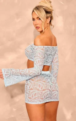 Hot PrettyLittleThing Lace Long Sleeve Bardot Top Baby Blue