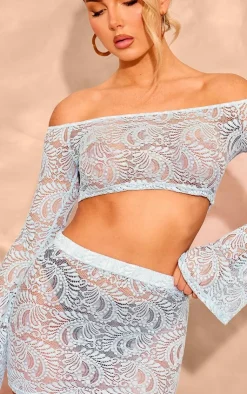 Hot PrettyLittleThing Lace Long Sleeve Bardot Top Baby Blue