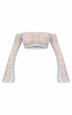 Hot PrettyLittleThing Lace Long Sleeve Bardot Top Baby Blue