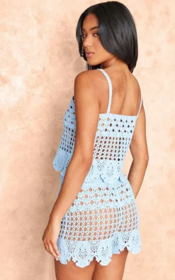 PrettyLittleThing Textured Crochet Frill Hem Crop Top Baby Blue