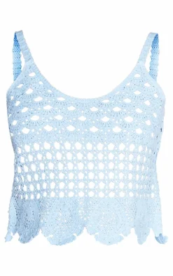 PrettyLittleThing Textured Crochet Frill Hem Crop Top Baby Blue