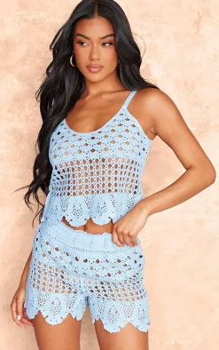 Discount PrettyLittleThing Textured Crochet Frill Hem Shorts Baby Blue