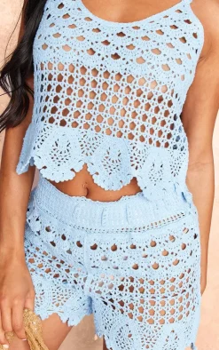 Discount PrettyLittleThing Textured Crochet Frill Hem Shorts Baby Blue
