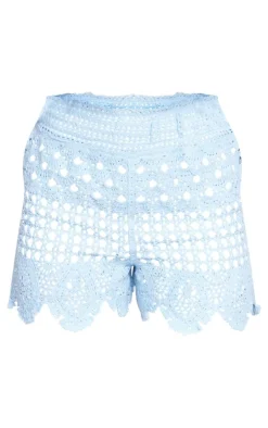 Discount PrettyLittleThing Textured Crochet Frill Hem Shorts Baby Blue