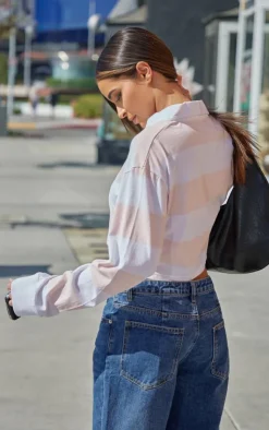 PrettyLittleThing T-Shirts*Chunky Striped Collared Cropped Long Sleeve Top