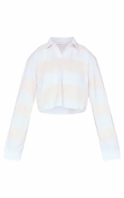 PrettyLittleThing T-Shirts*Chunky Striped Collared Cropped Long Sleeve Top