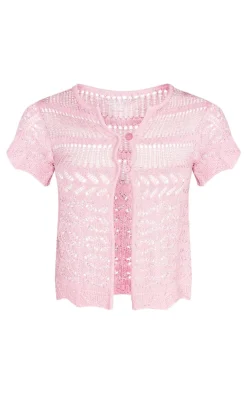 PrettyLittleThing Contrast Crochet Knit Cap Sleeve Button Front Top Baby Pink