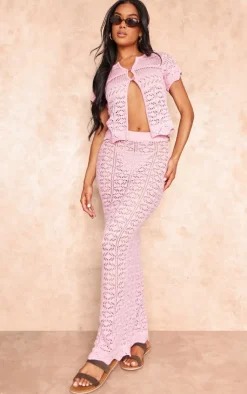 Clearance PrettyLittleThing Contrast Crochet Knit Maxi Skirt Baby Pink