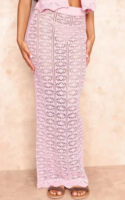 Clearance PrettyLittleThing Contrast Crochet Knit Maxi Skirt Baby Pink