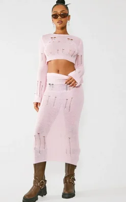 Best PrettyLittleThing Distressed Ladder Knit Maxi Skirt Baby Pink