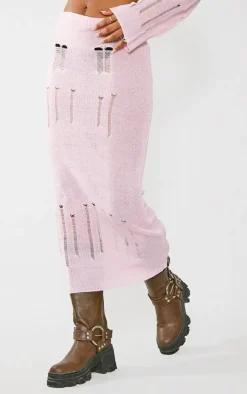 Best PrettyLittleThing Distressed Ladder Knit Maxi Skirt Baby Pink