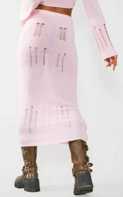 Best PrettyLittleThing Distressed Ladder Knit Maxi Skirt Baby Pink