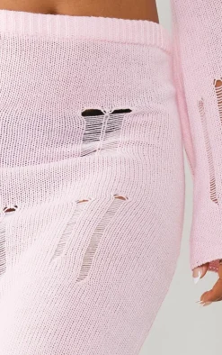 Best PrettyLittleThing Distressed Ladder Knit Maxi Skirt Baby Pink