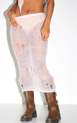 Sale PrettyLittleThing Distressed Open Knit Midi Skirt Baby Pink