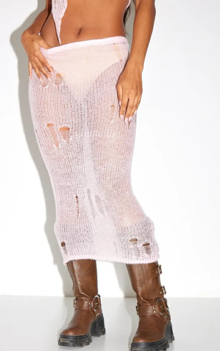 Sale PrettyLittleThing Distressed Open Knit Midi Skirt Baby Pink
